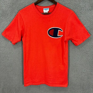 Champion shirt mens small orange short sleeve Big C embroidered cotton‎ vintage